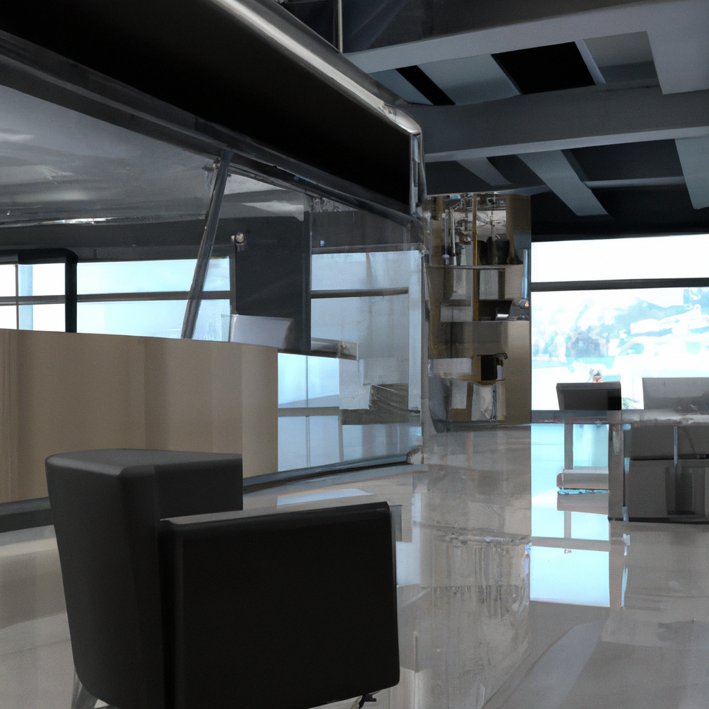 Modern editorial workspace with minimalist glass panels and soft light